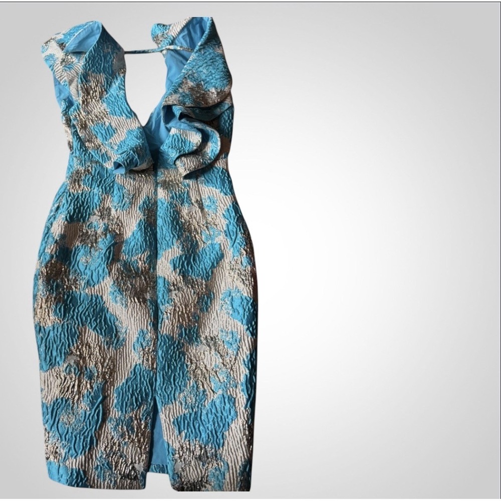 Teal Metallic Brocade Jacquard Dress Ruffle Sleeve V Bodycon Midi Wedding Guest - Picture 3 of 8